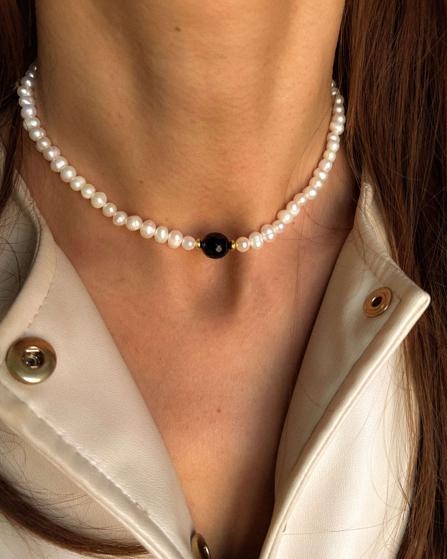 Colier la baza gatului din perle naturale si onix Love and Stars Jewels