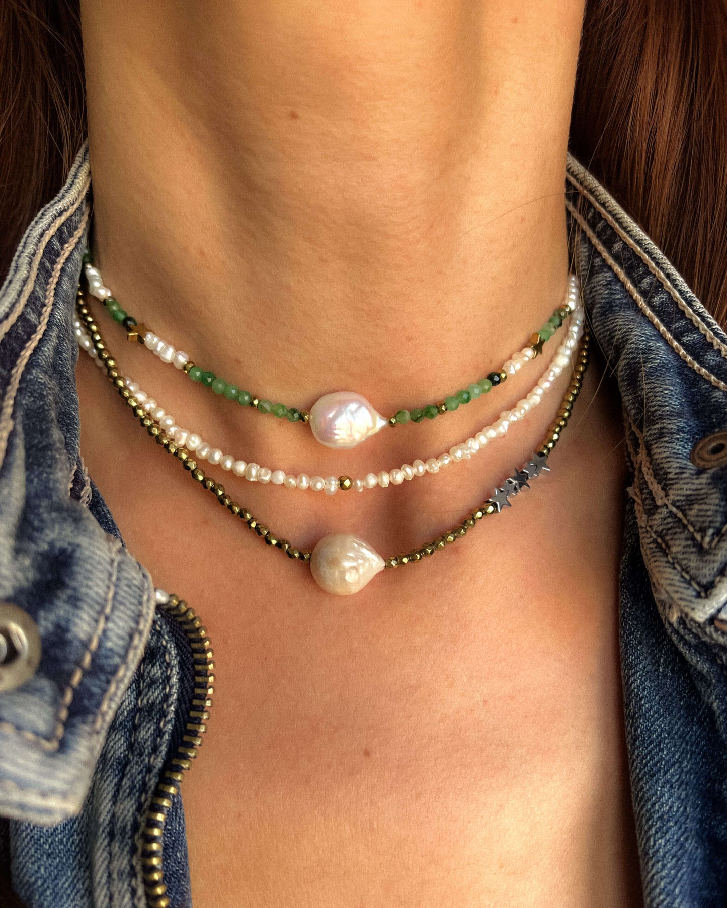 Colier la baza gâtului din perle naturale mici Love and Stars Jewels