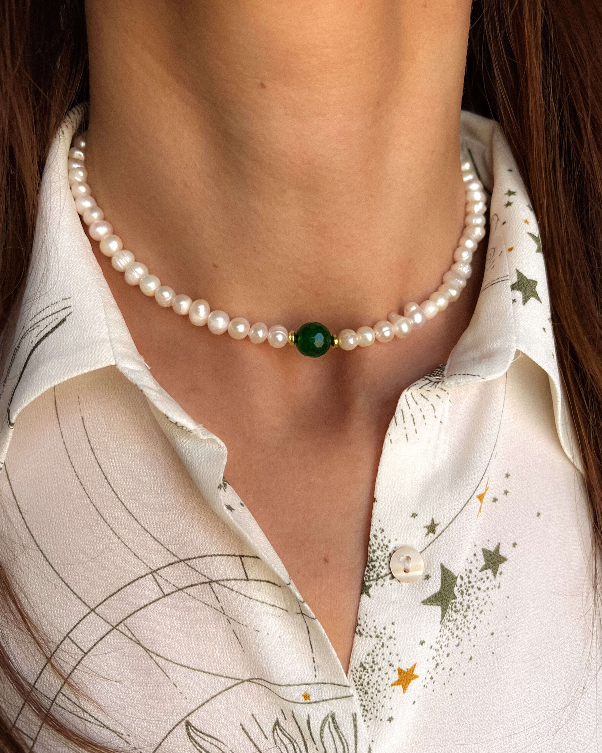 Colier la baza gatului din perle naturale agat verde Love and Stars Jewels
