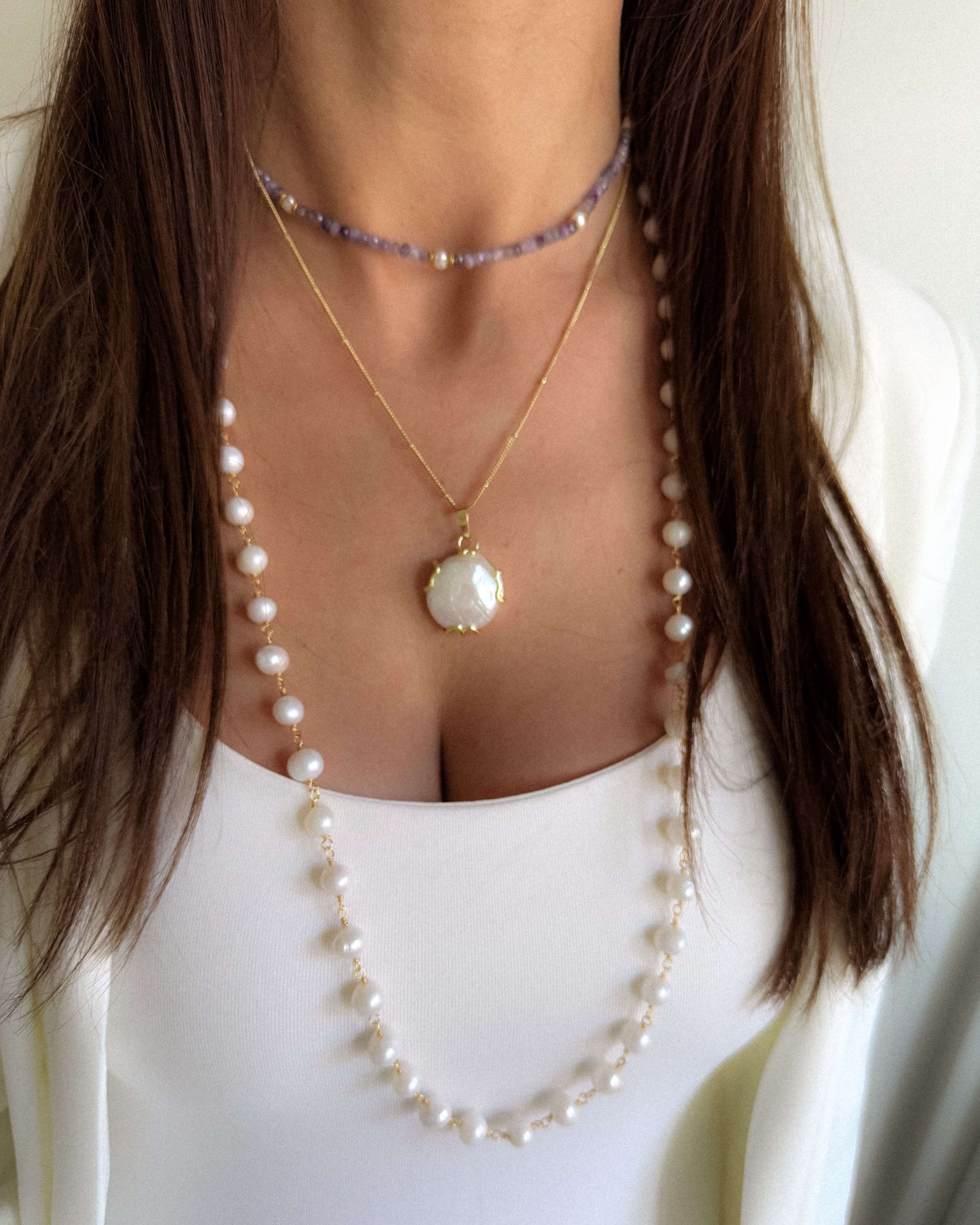 Colier lung din lanț cu perle naturale de cultură love and stars jewels