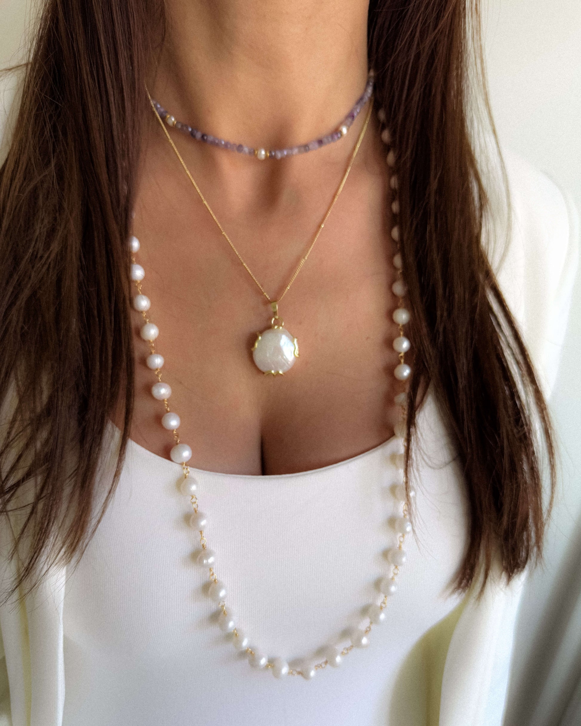 Colier lung din lanț cu perle naturale de cultură love and stars jewels