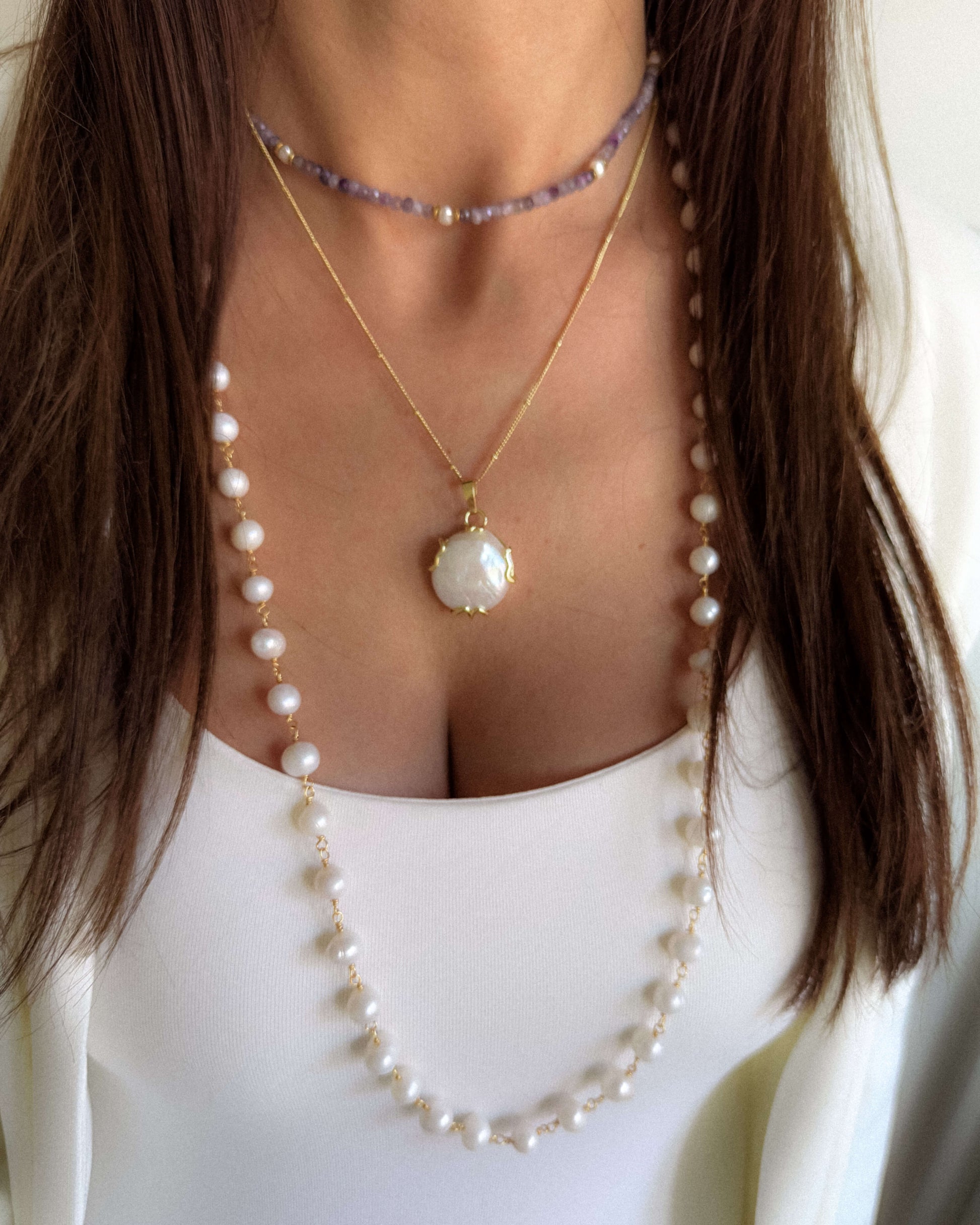 Colier lung din lanț cu perle naturale de cultură love and stars jewels