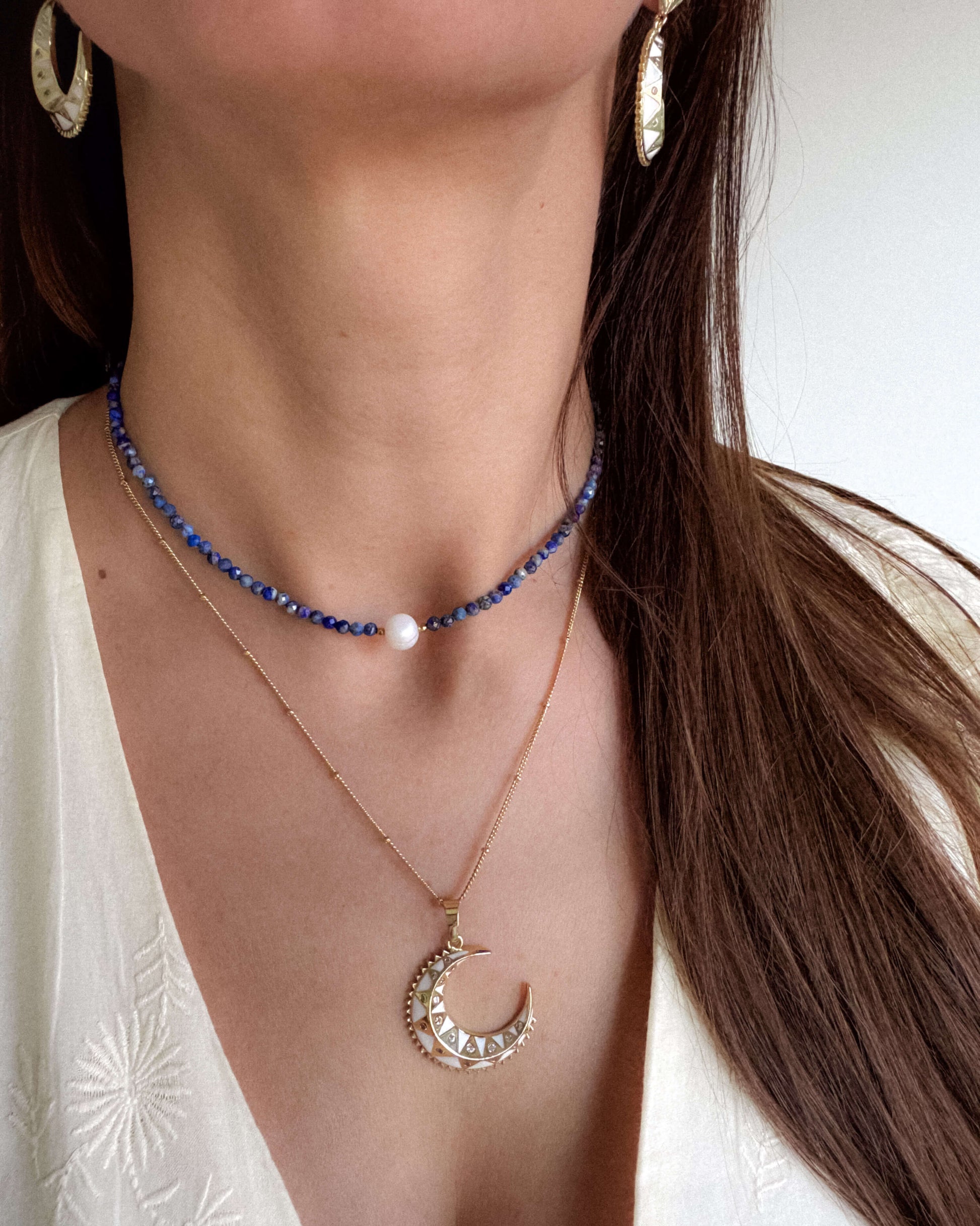 Colier cu pandant semilună emailată cu zirconii love and stars jewels