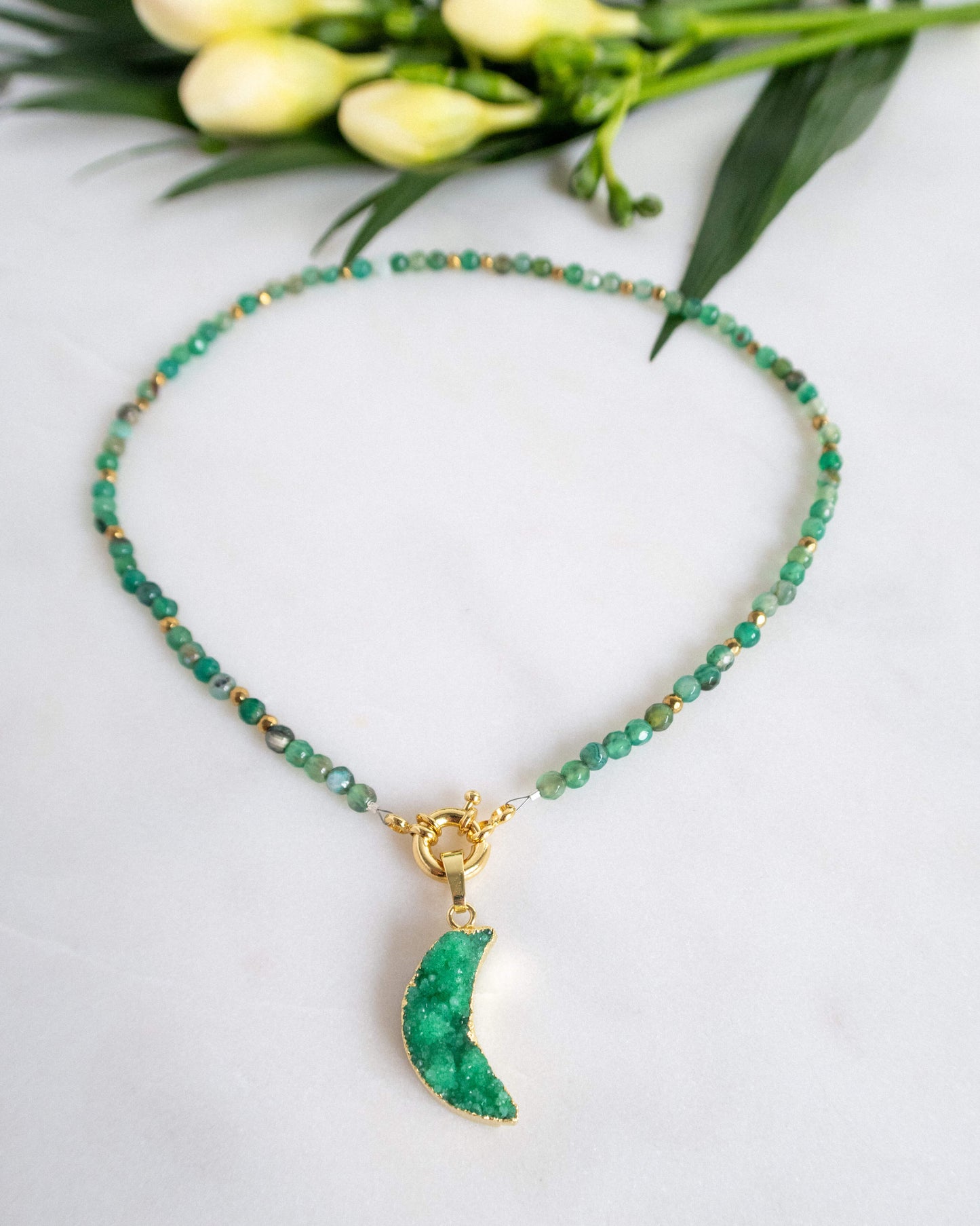 Colier verde agat semiluna cuart love and stars jewels