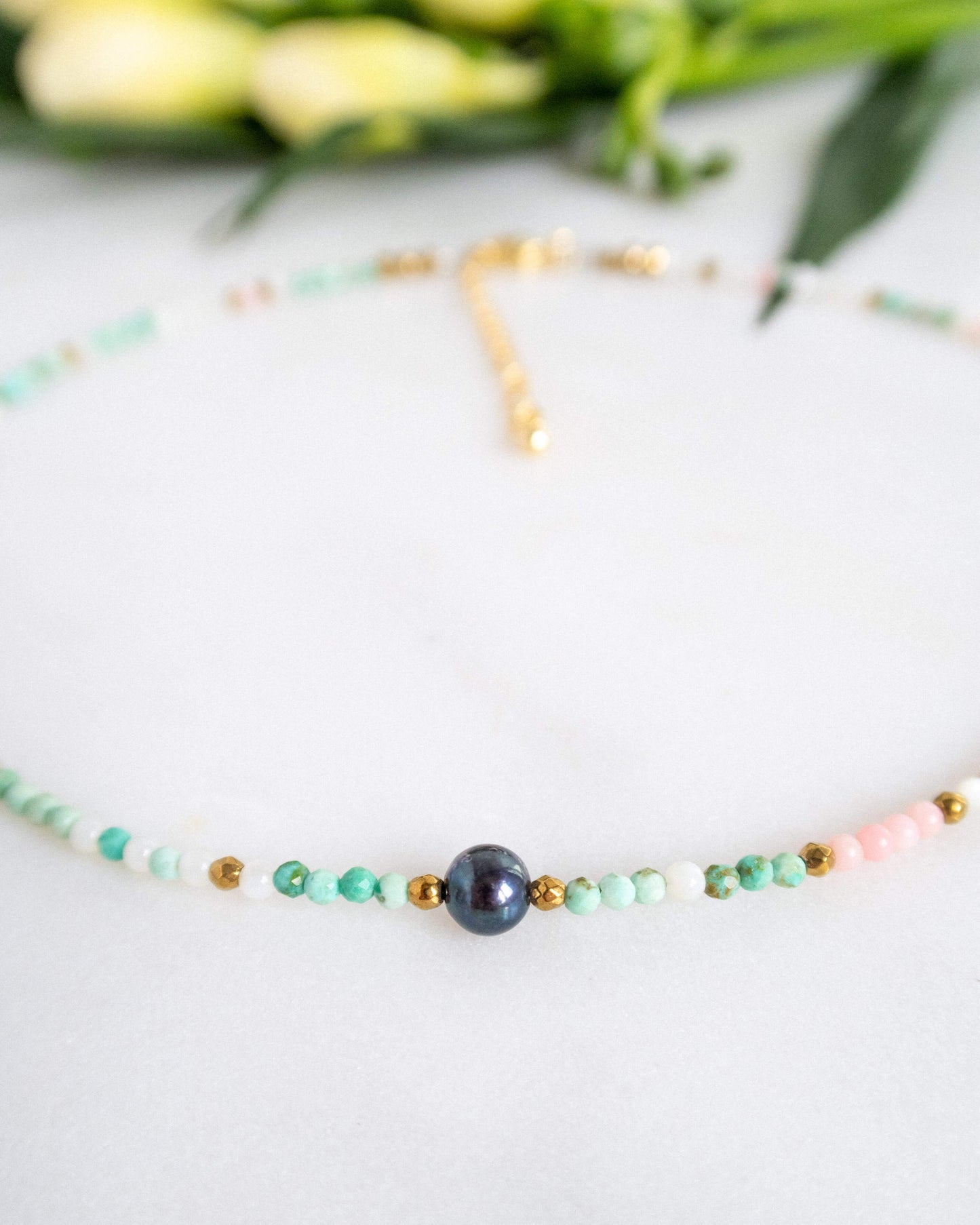 Colier turcoaz coral roz perla neagra love and stars jewels