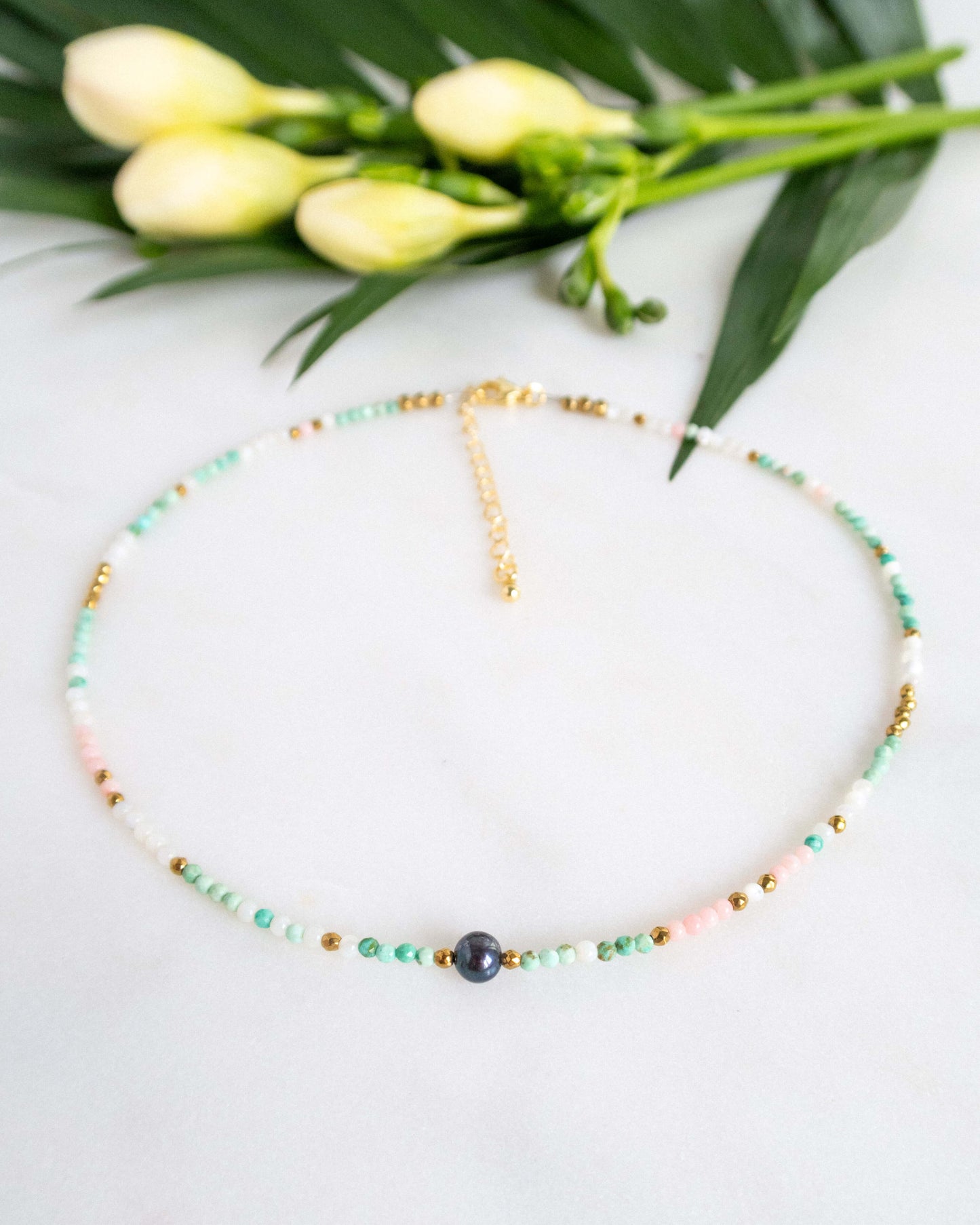 Colier turcoaz coral roz perla neagra love and stars jewels