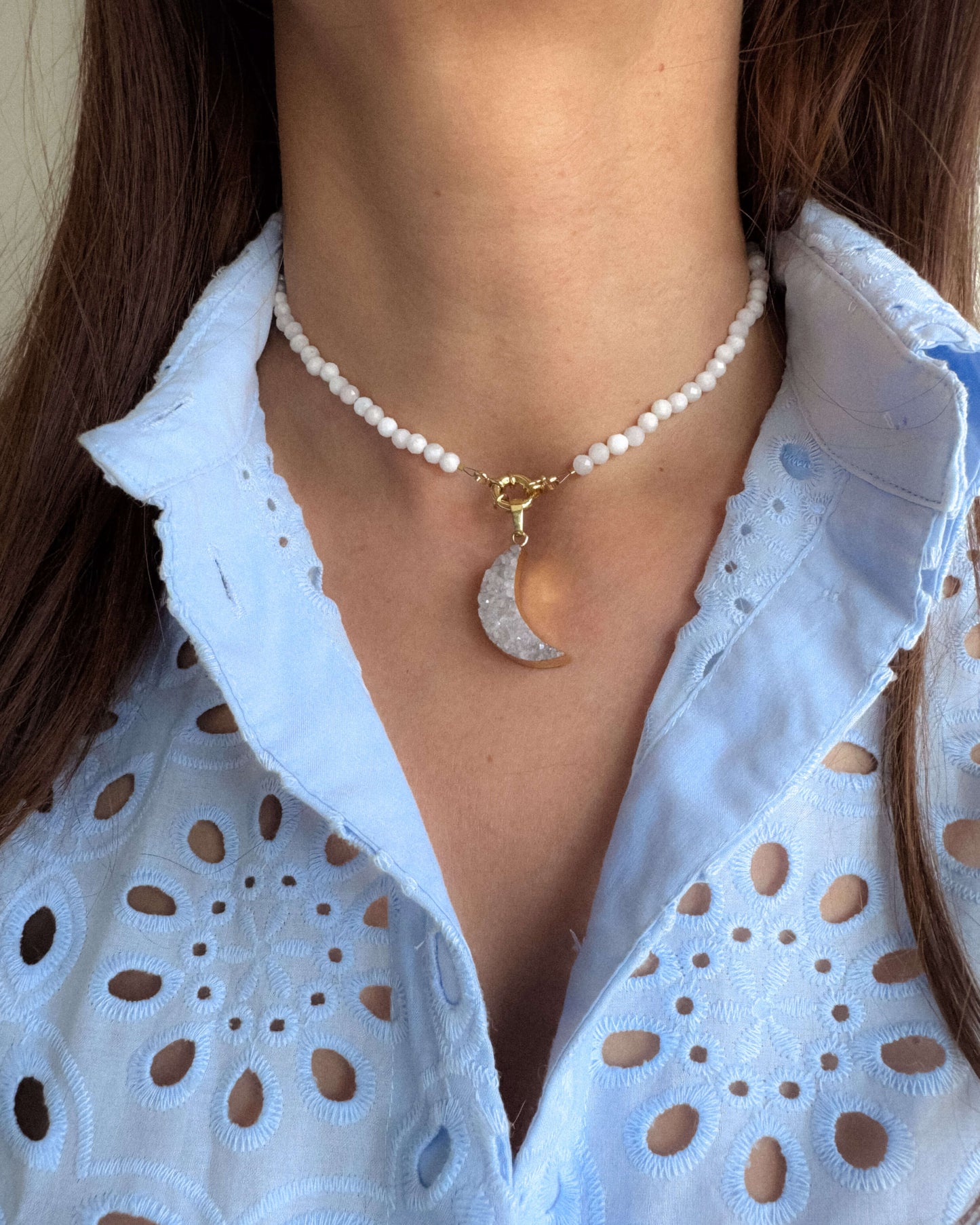 Colier piatra lunii pandant semiluna cuart love and stars jewels