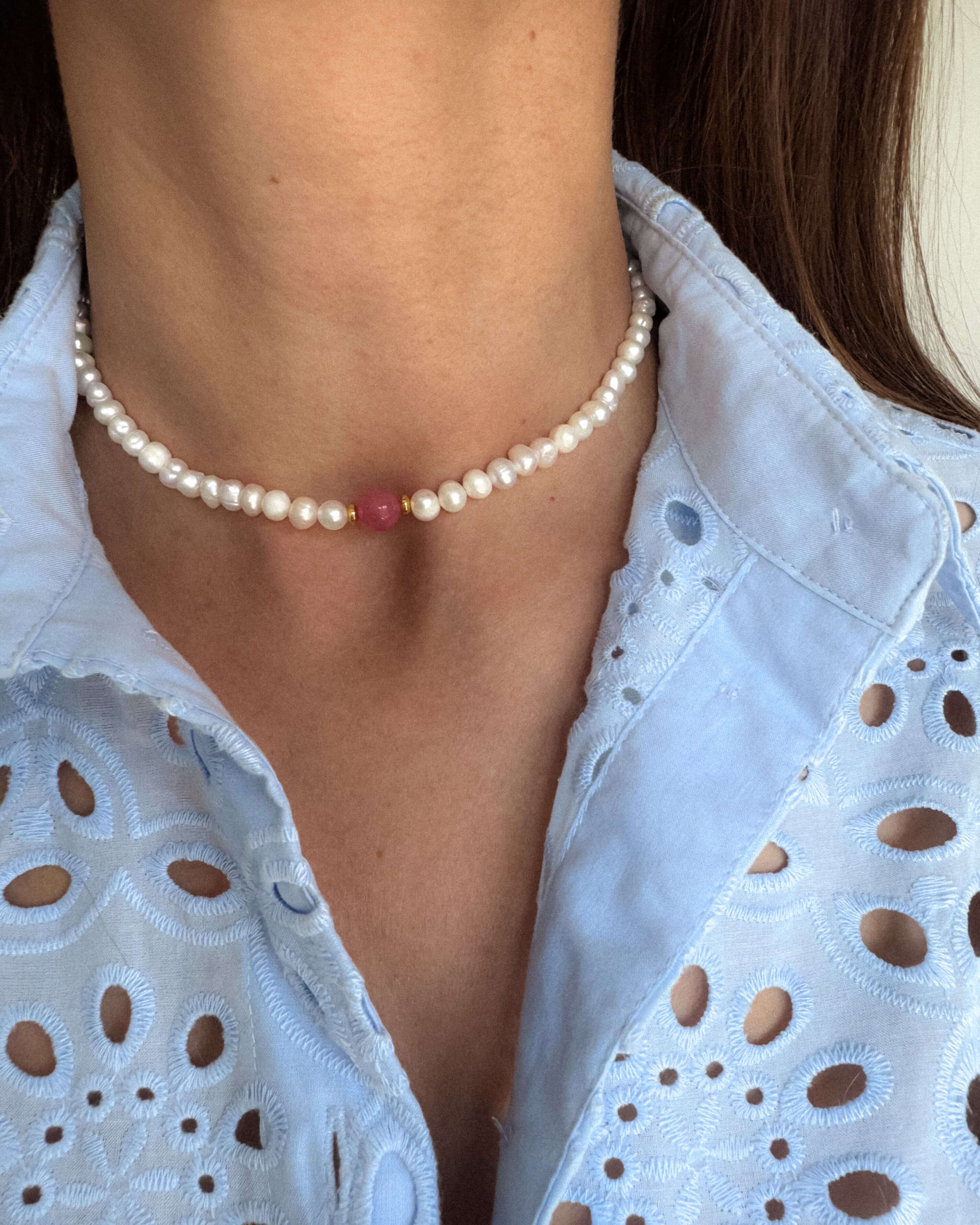 Colier la baza gatului din perle jad roz Love and Stars Jewels