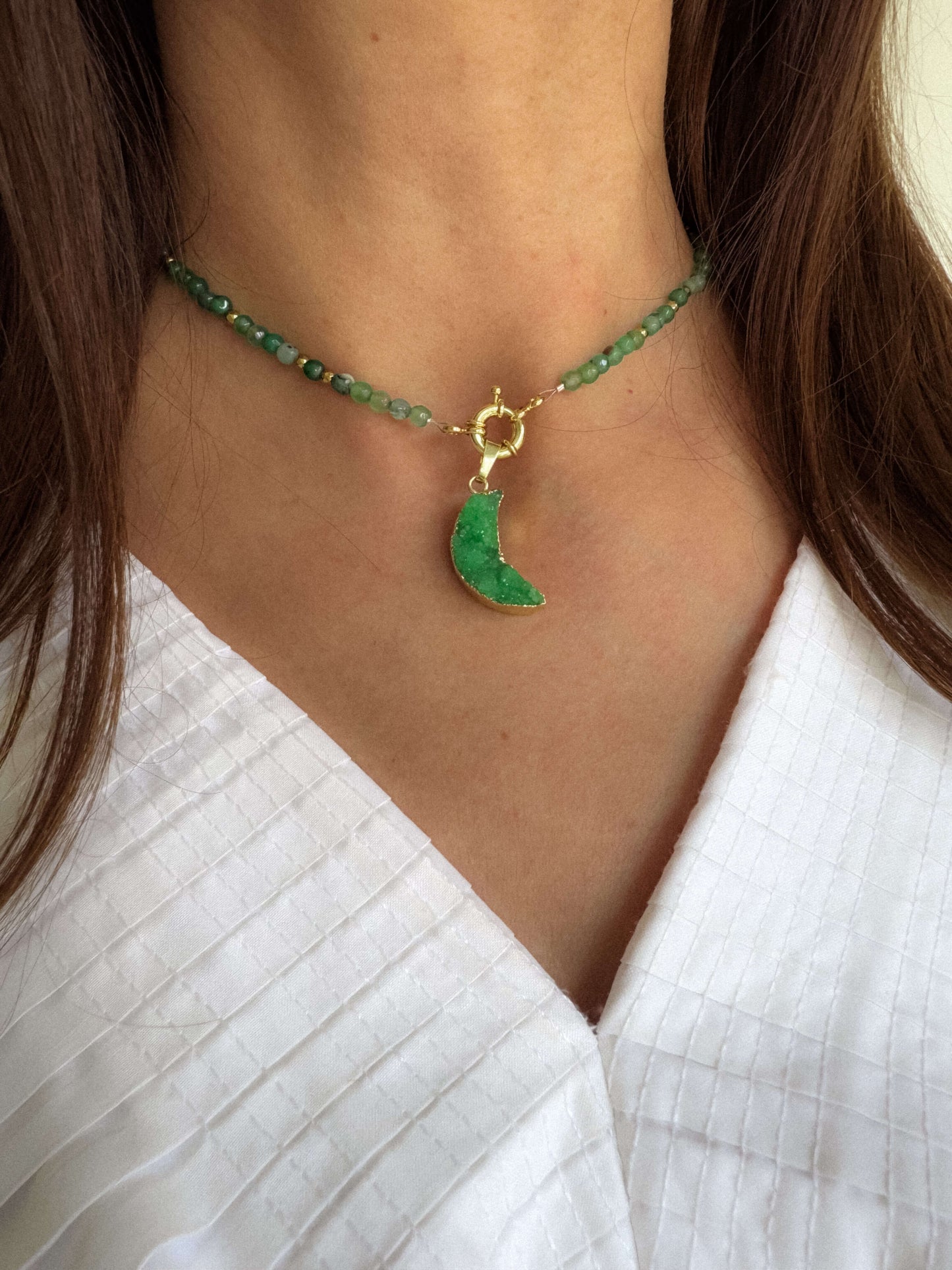 Colier verde agat semiluna cuart love and stars jewels