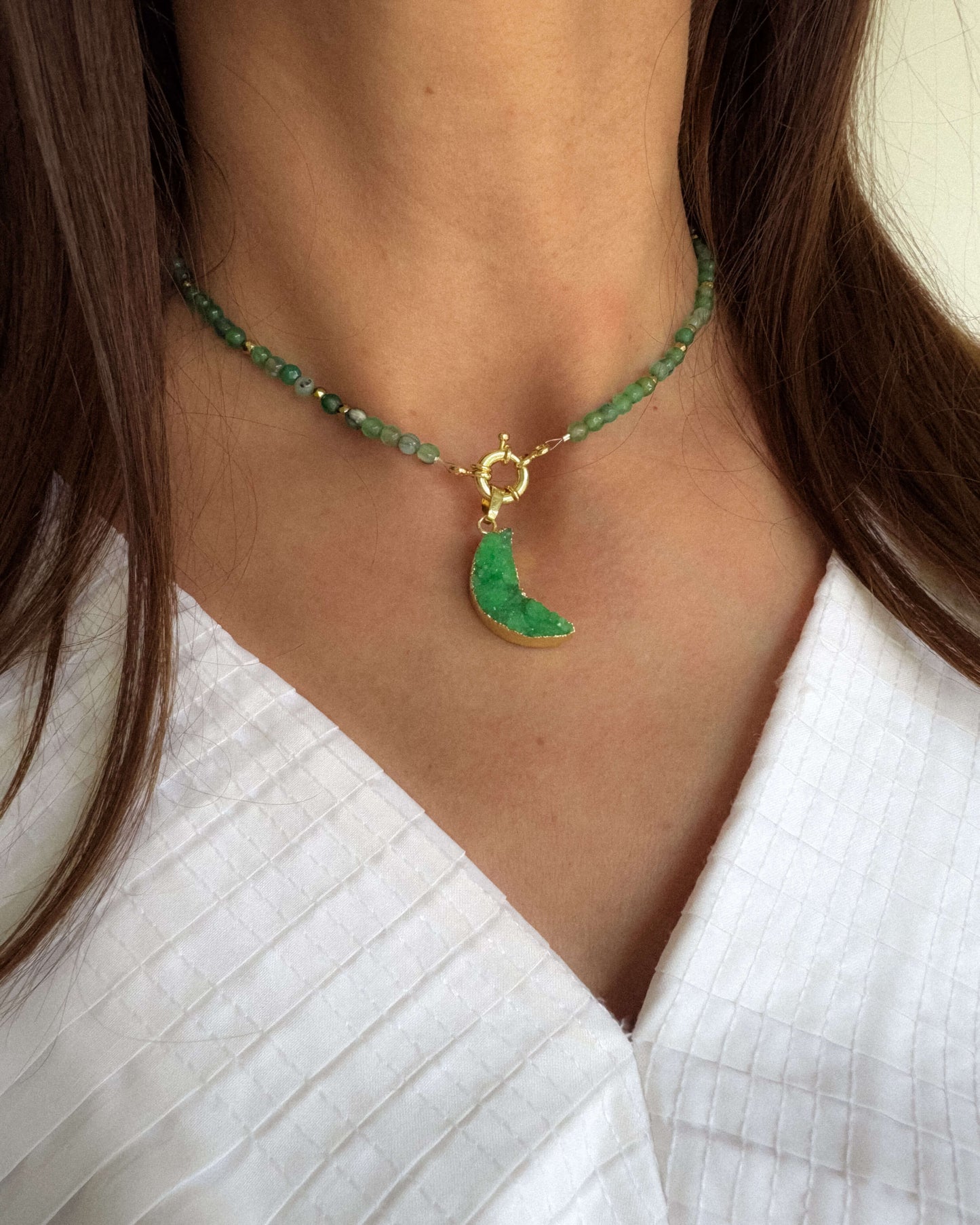 Colier verde agat semiluna cuart love and stars jewels