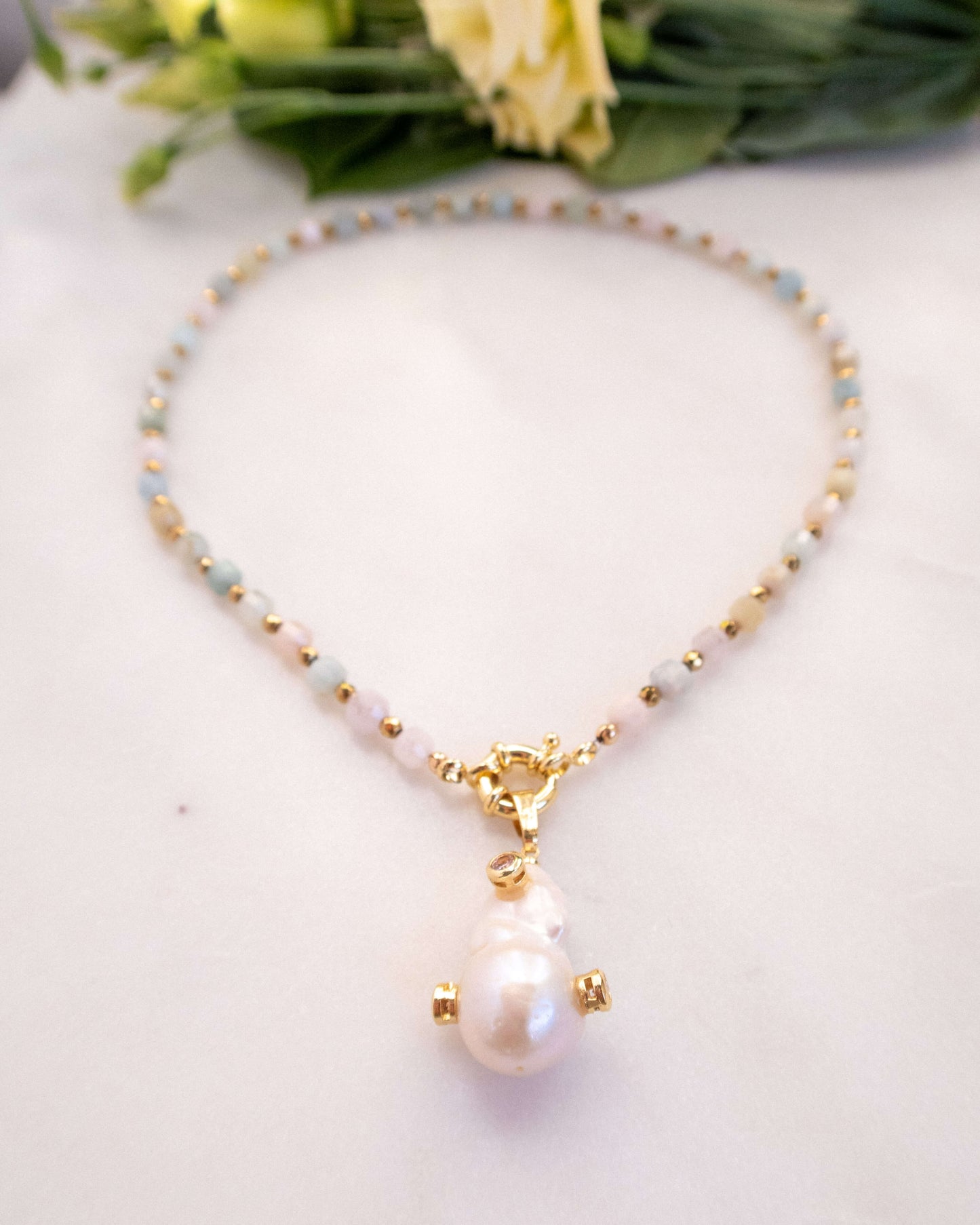 Colier morganit pandant perlă naturală baroc