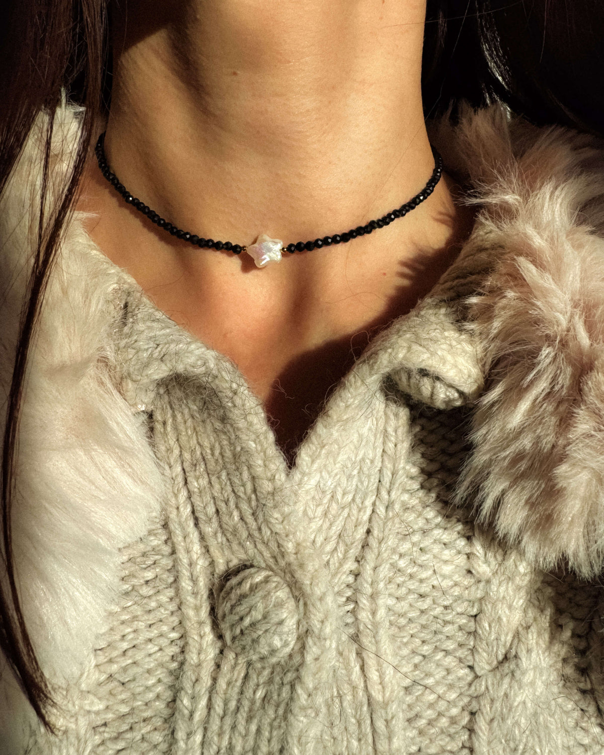 Colier onix negru stea alba din perla naturala Love and STars Jewels