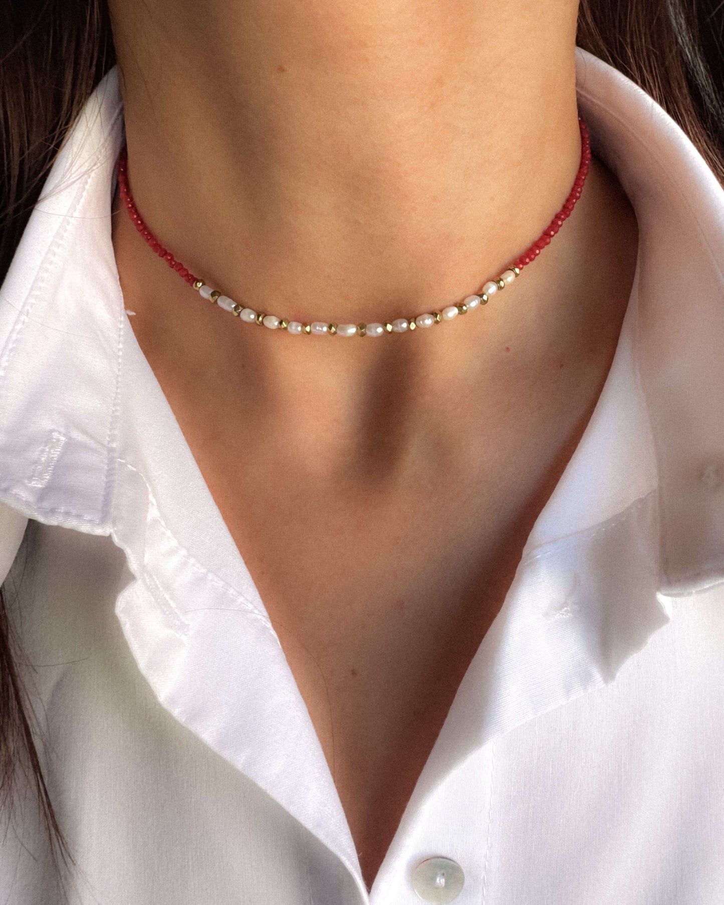 Colier coral roșu perle naturale hematite