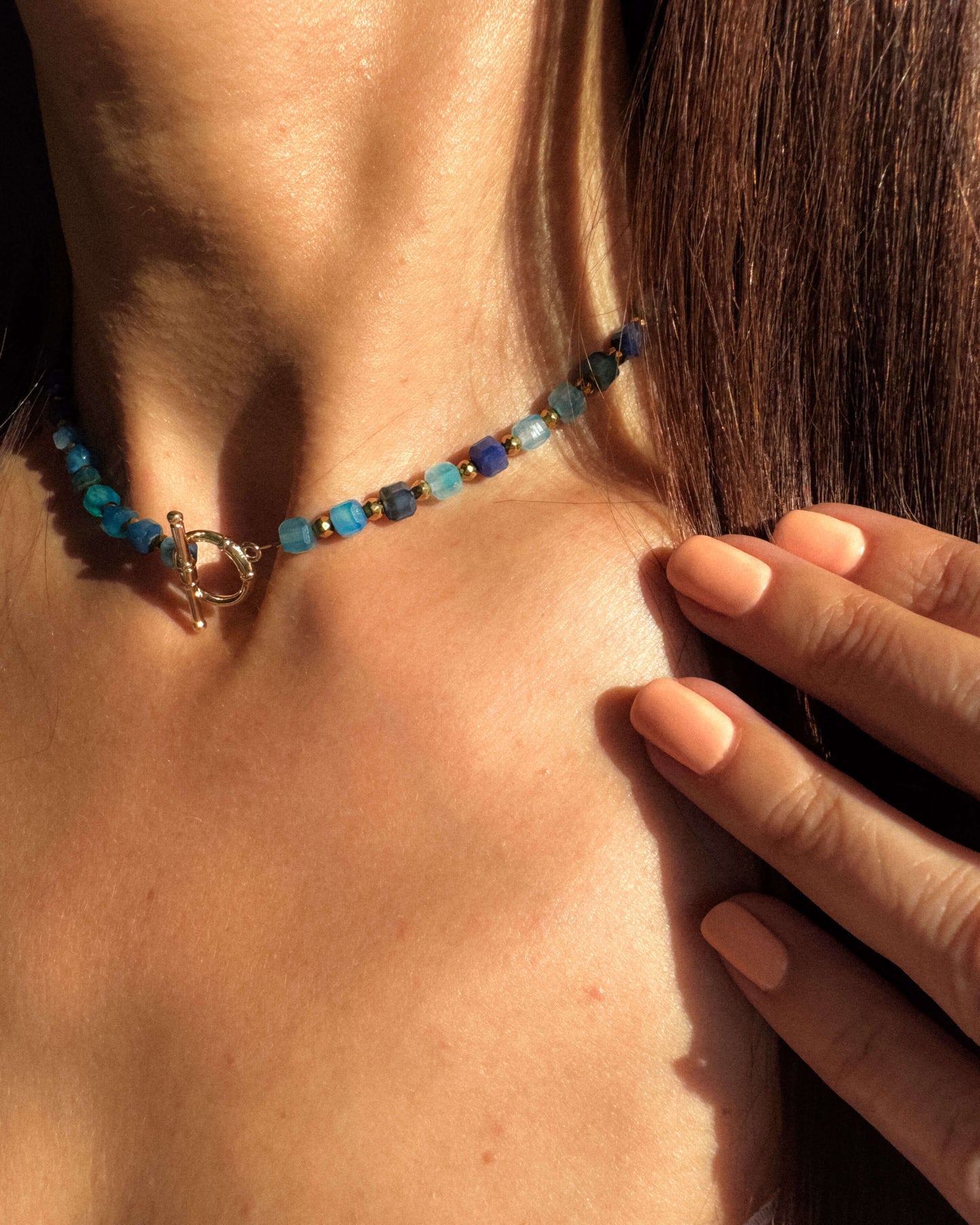 Colier cuburi agat dantelă hematite
