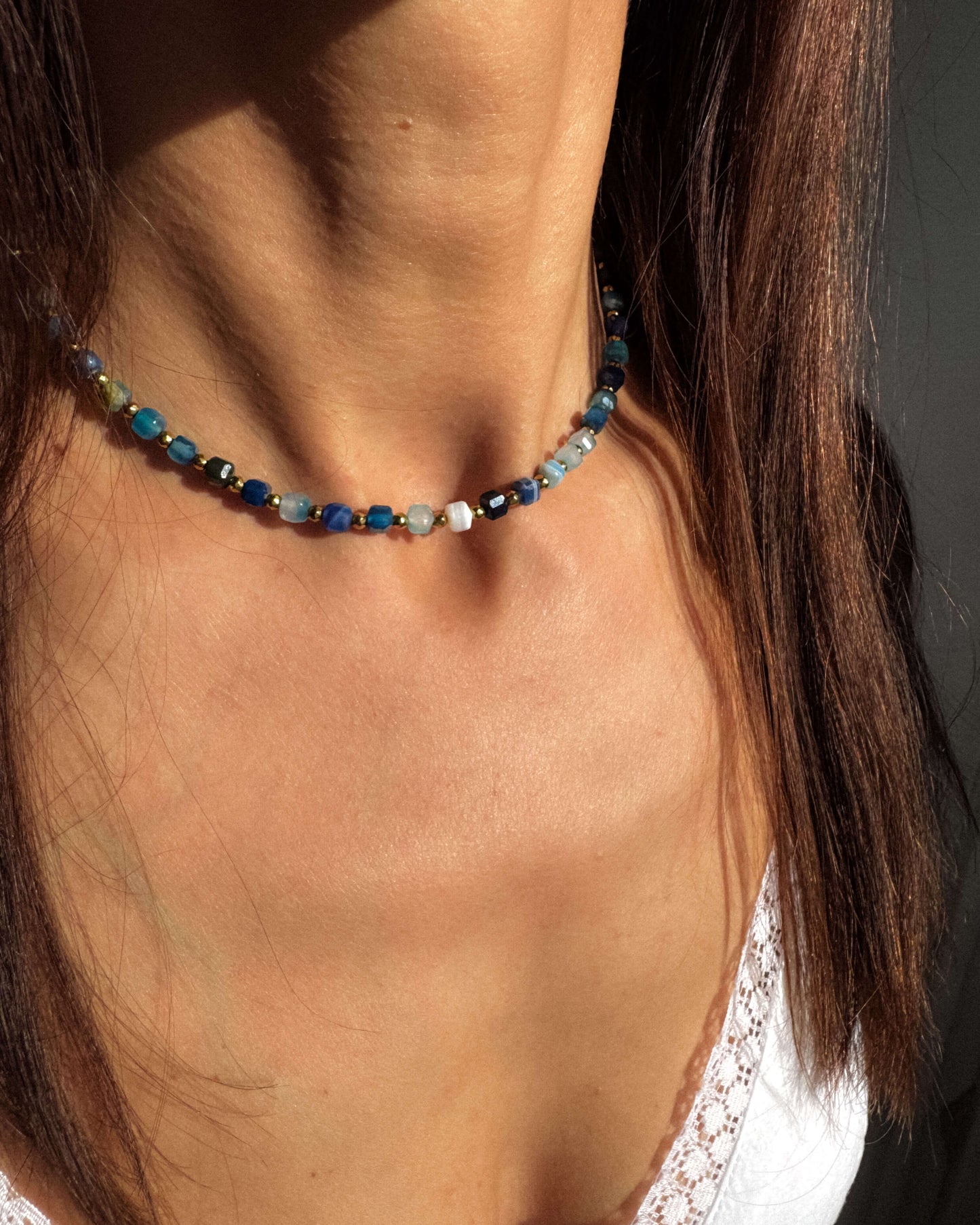 Colier cuburi agat dantelă hematite