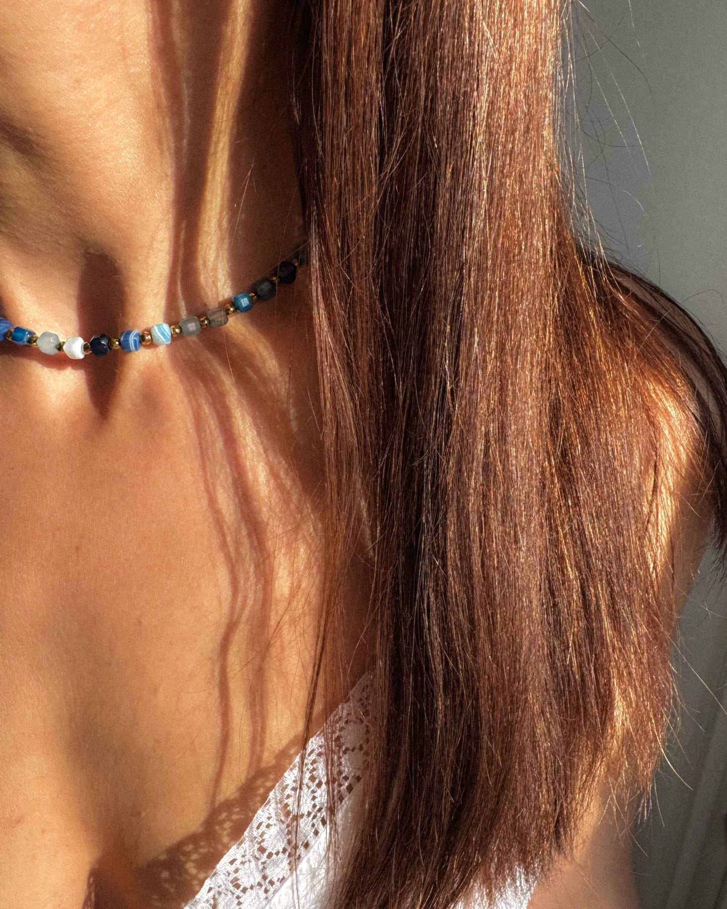 Colier cuburi agat dantelă hematite