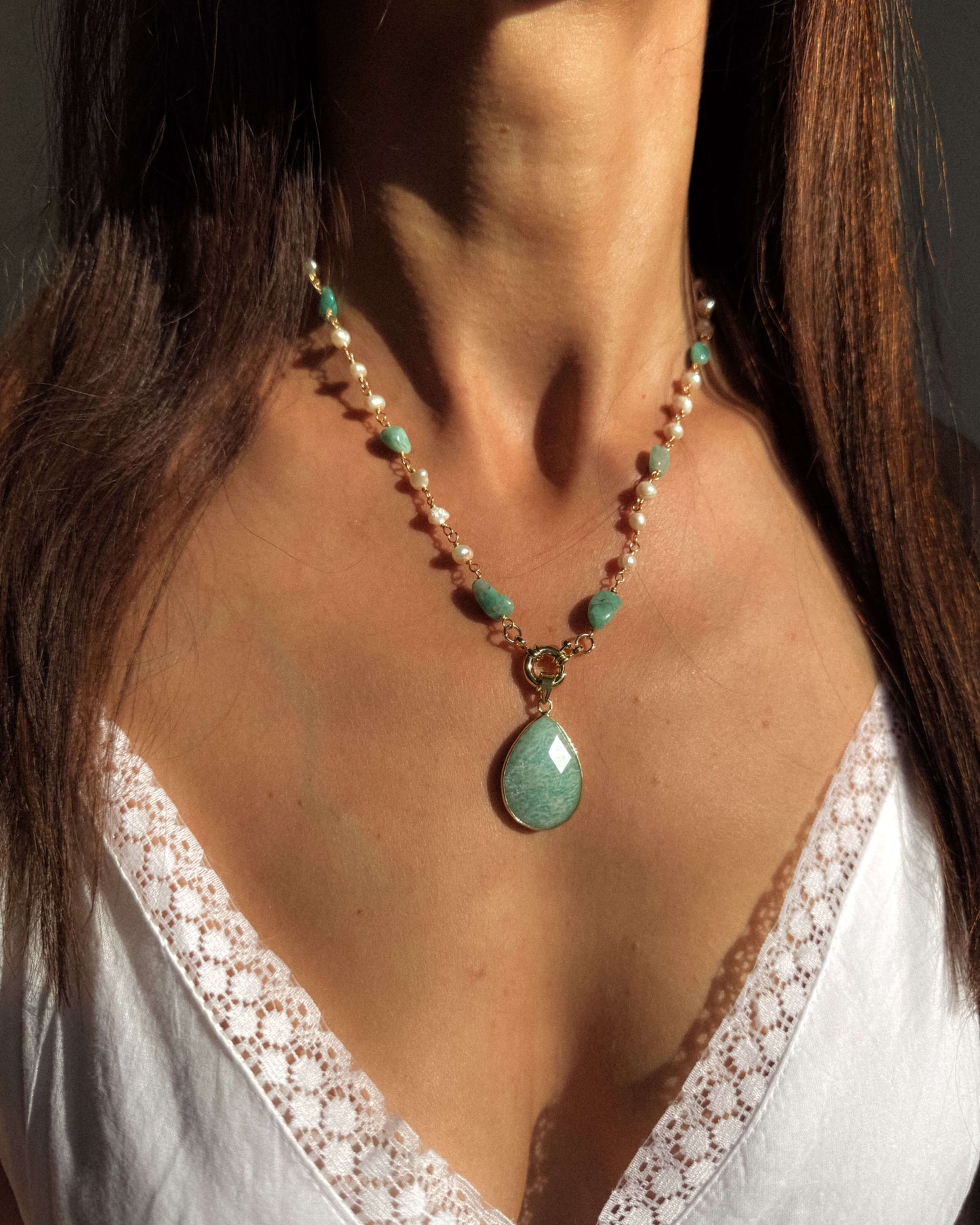 Colier perle naturale amazonit