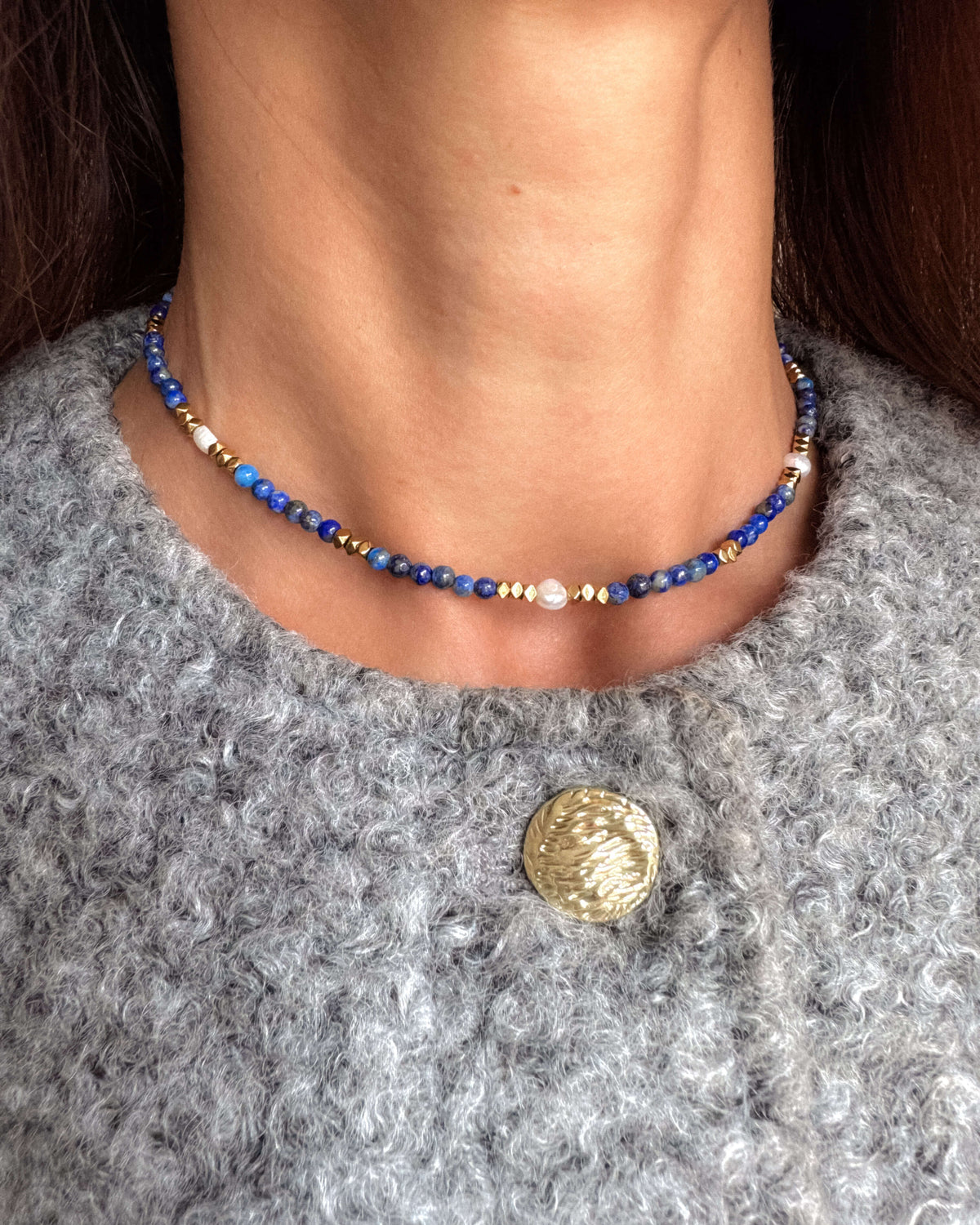 Colier lapis lazuli perle naturale ANSELMA