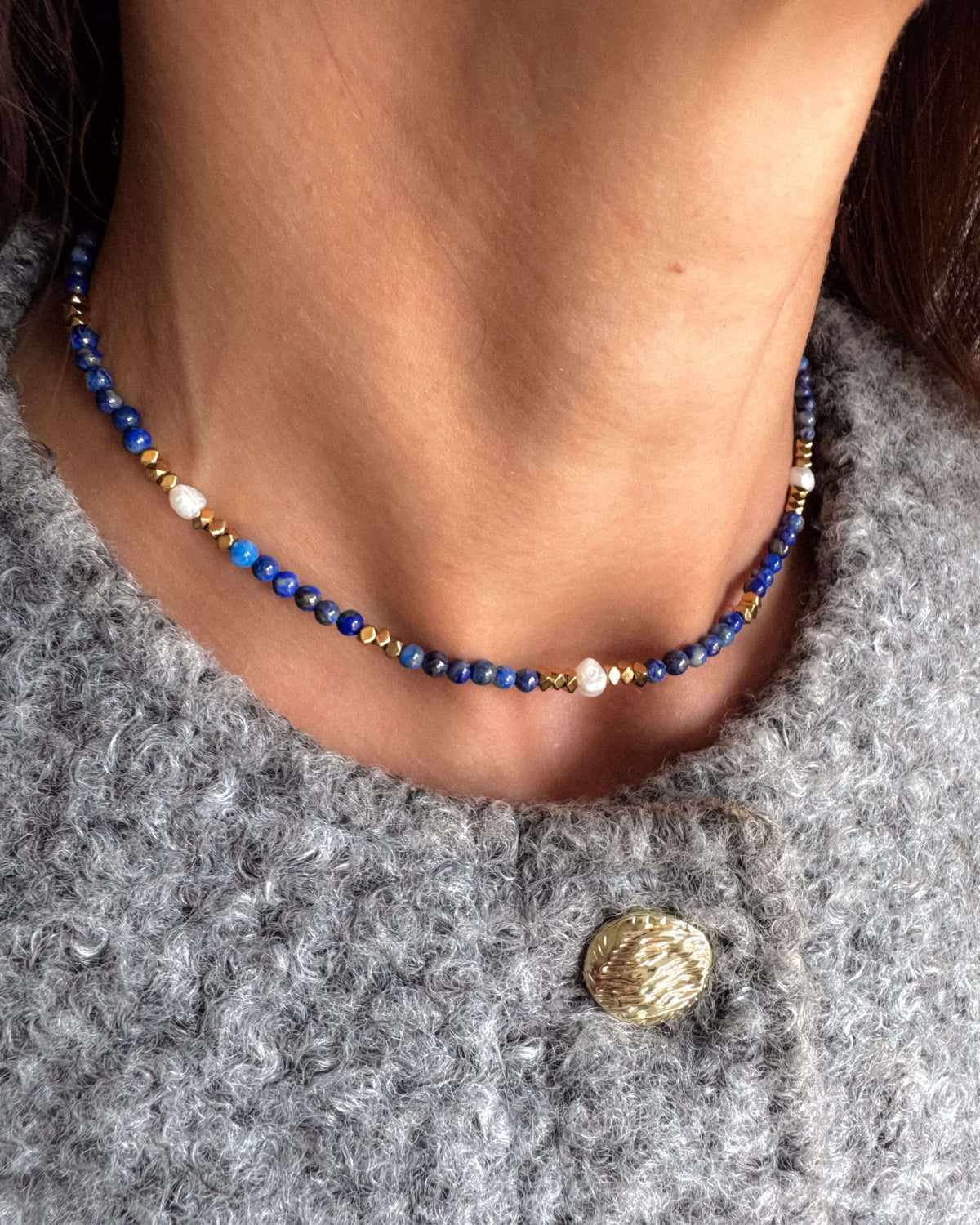 Colier lapis lazuli perle naturale ANSELMA