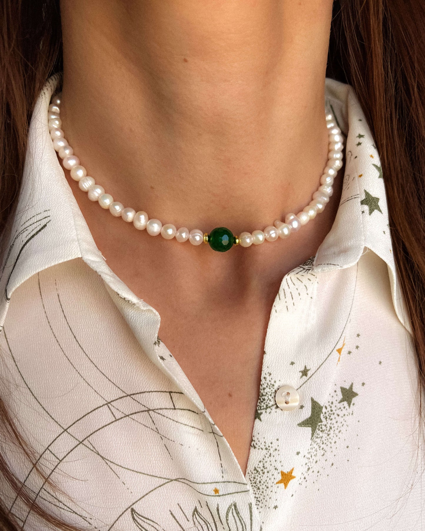 Colier la baza gatului din perle naturale agat verde Love and Stars Jewels
