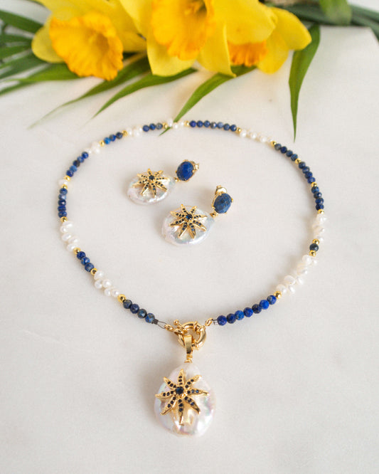 set bijuterii cadou pentru sotie set bijuterii colier si cercei perle naturale lapis lazuli love and stars jewels
