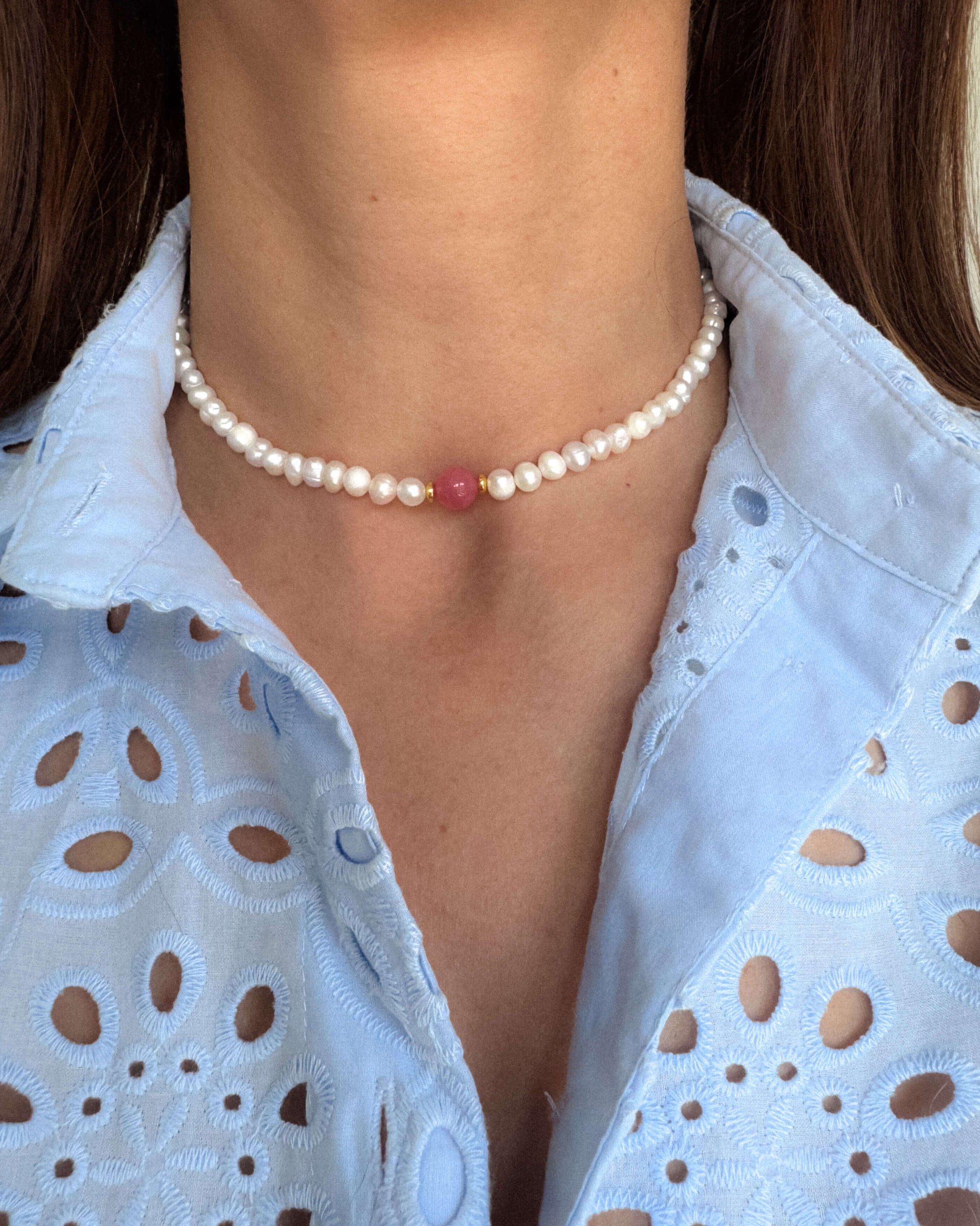 Colier la baza gatului din perle jad roz Love and Stars Jewels