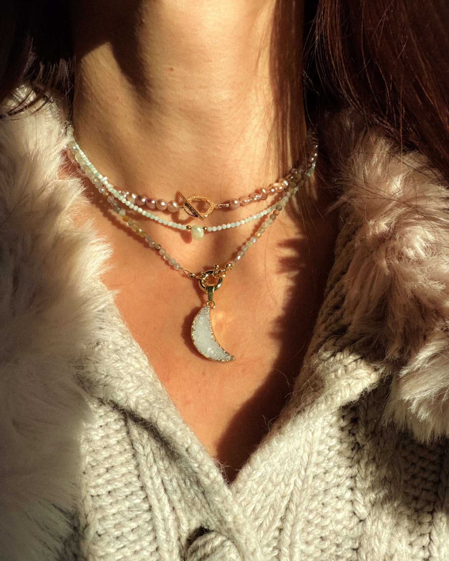 Colier labradorit semilună cuarț NOVELLA