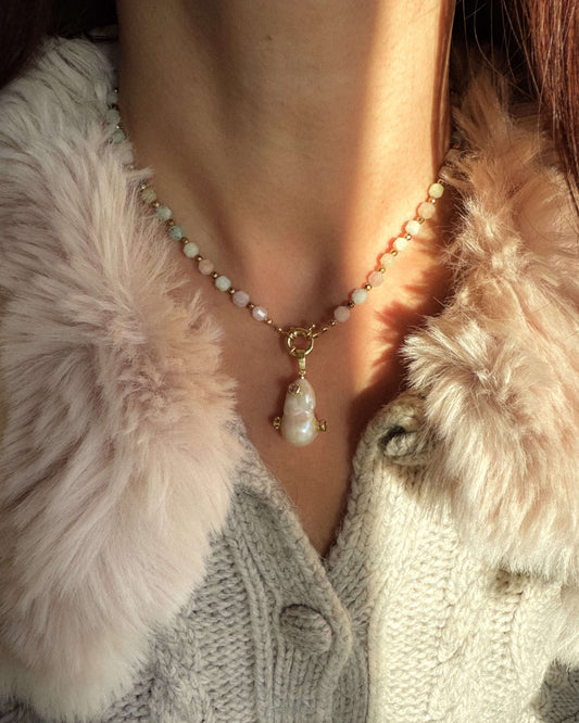 Colier morganit pandant perlă naturală baroc