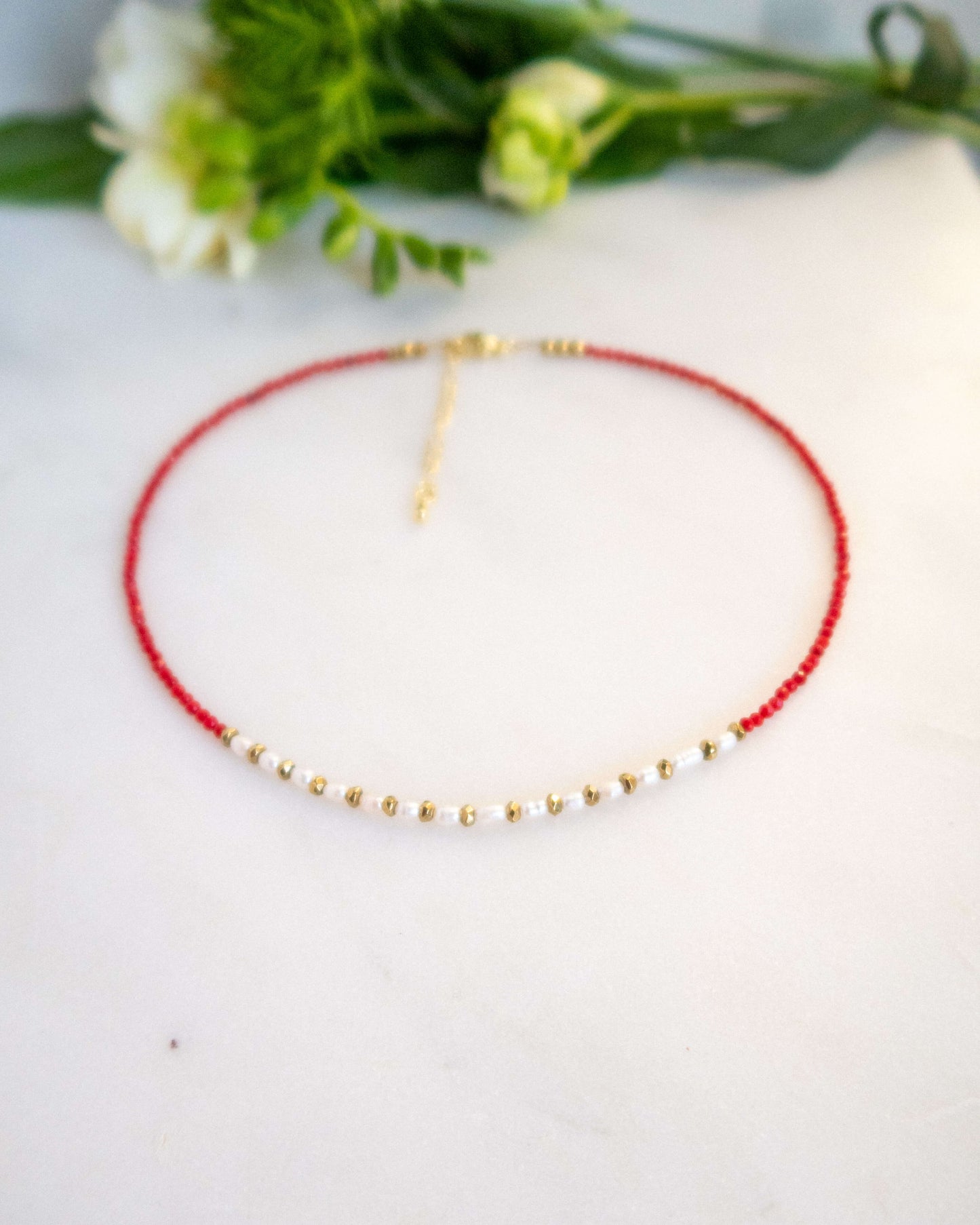 Colier coral roșu perle naturale hematite