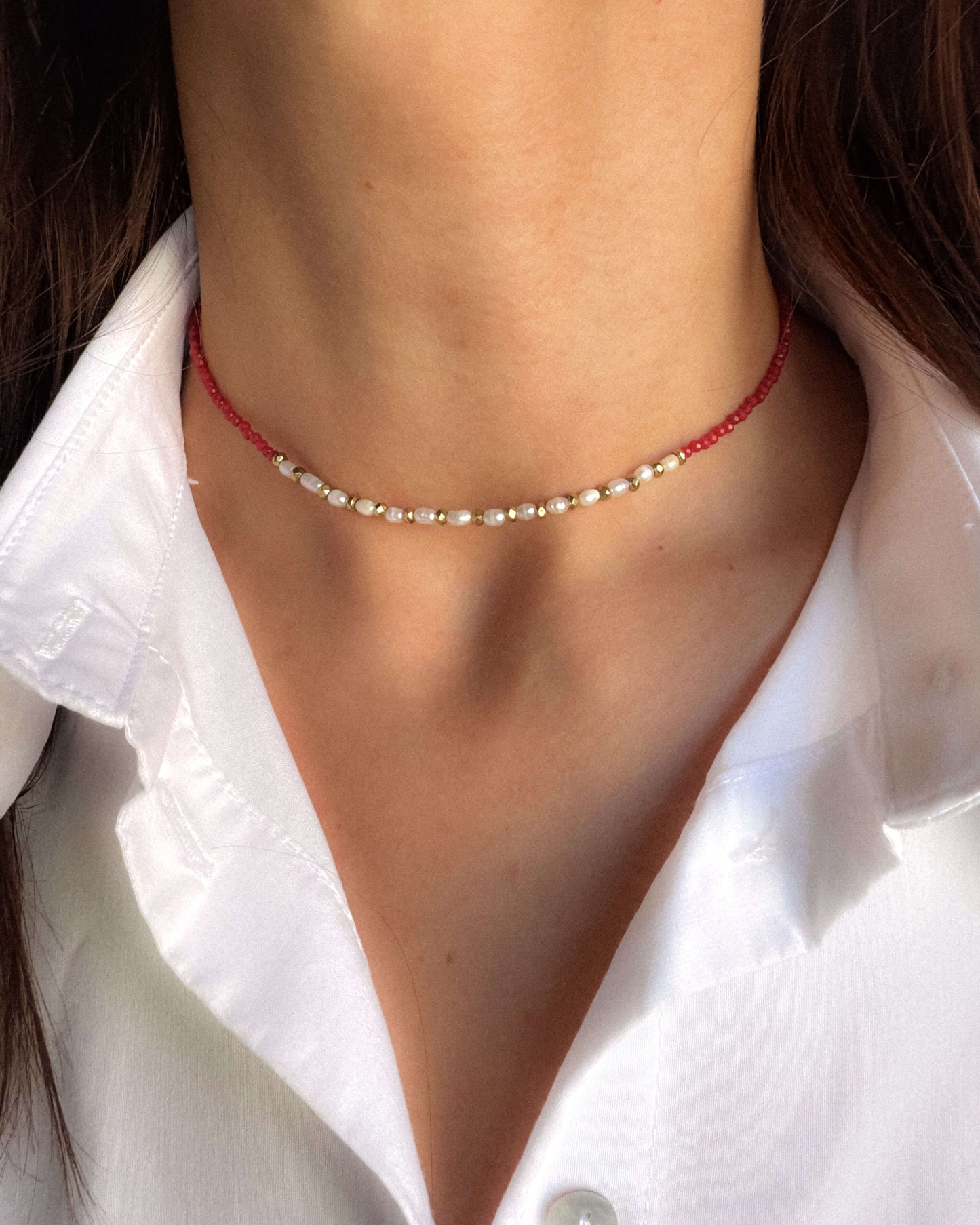 Colier coral roșu perle naturale hematite