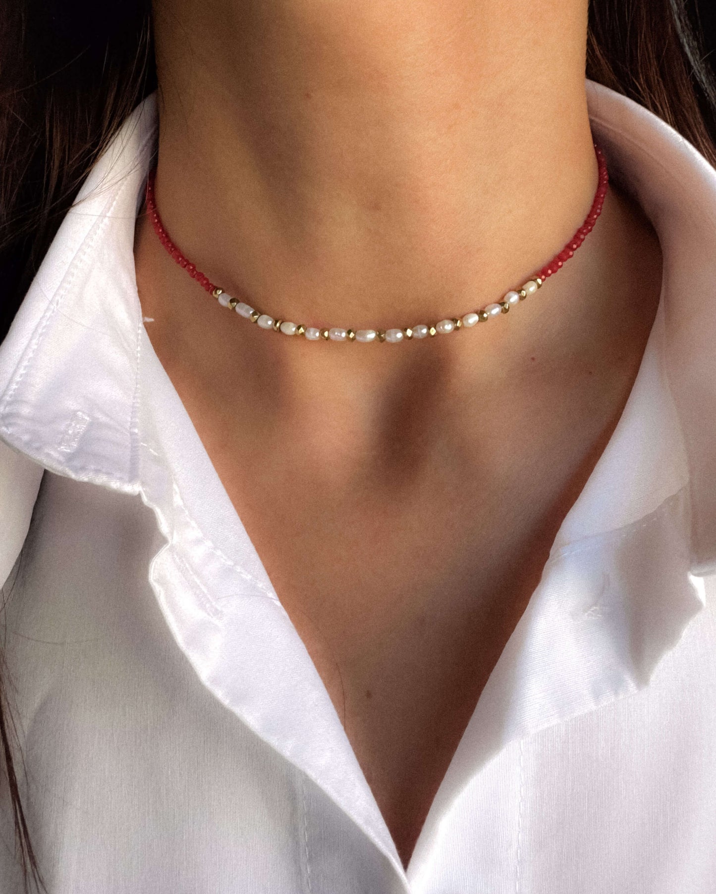 Colier coral roșu perle naturale hematite