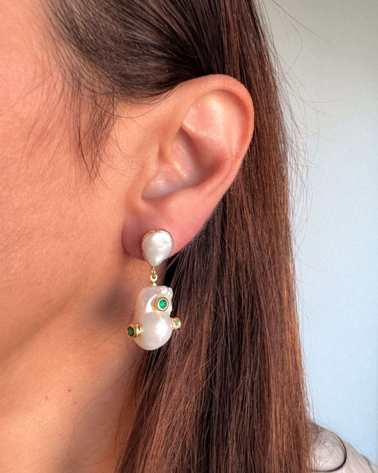 Cercei perle baroc zirconii verzi MARTHE