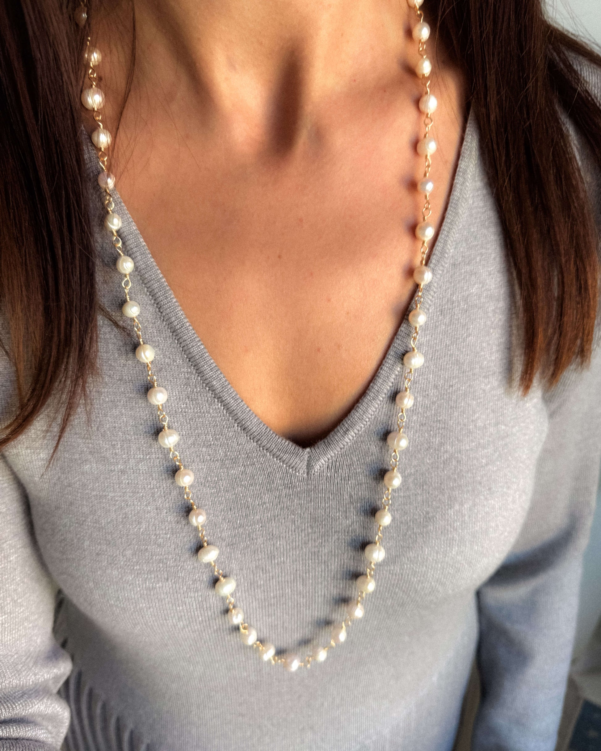 Colier lung din lanț cu perle naturale de cultură love and stars jewels