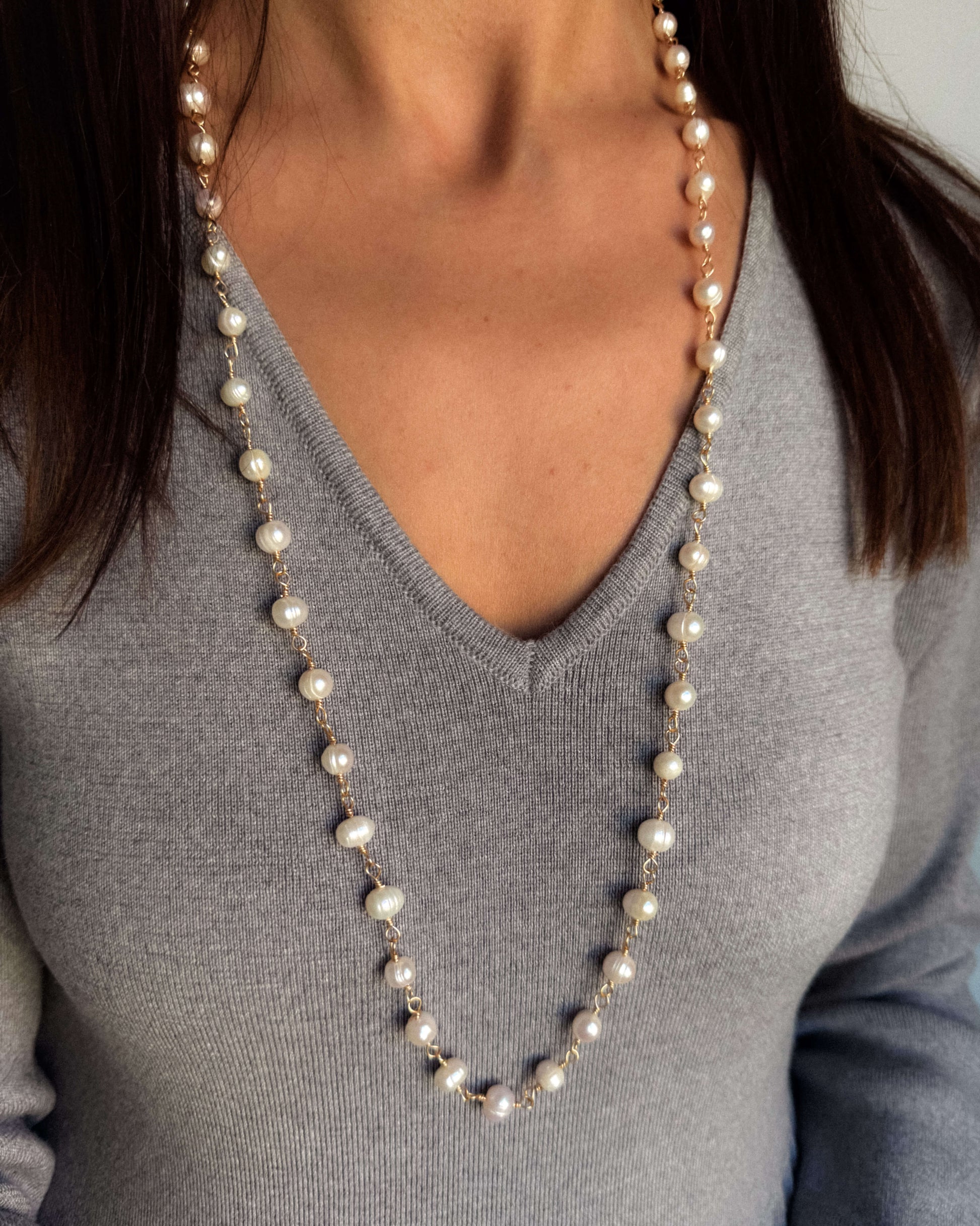 Colier lung din lanț cu perle naturale de cultură love and stars jewels